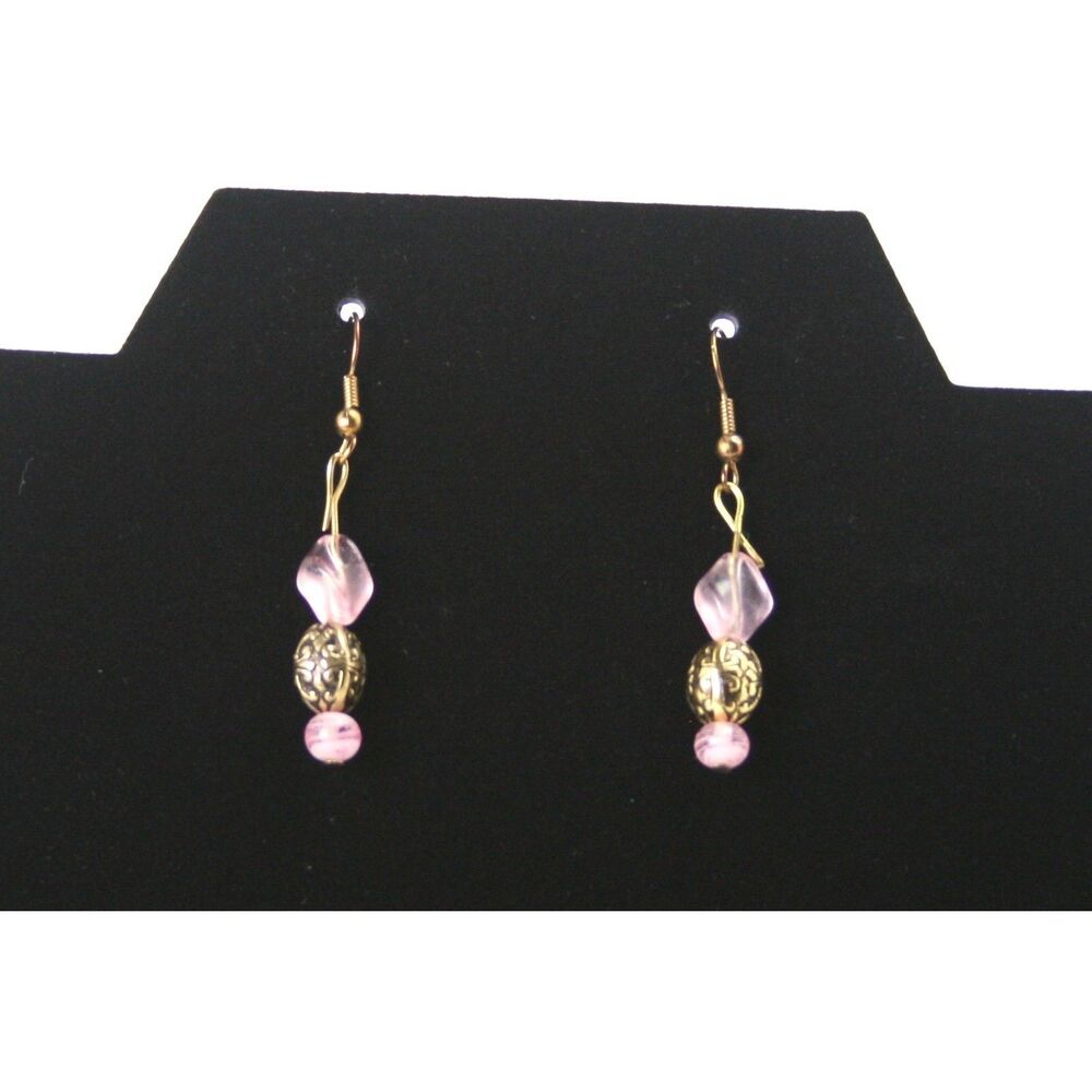 Pink Beaded Dangle Earrings Gold Tone Filigree Boho Drop Earrings 1.5 Inch